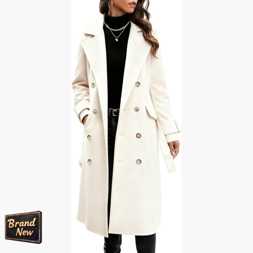 Women's Long Wool Pea Coat Double Breasted Trench With Belt Winter